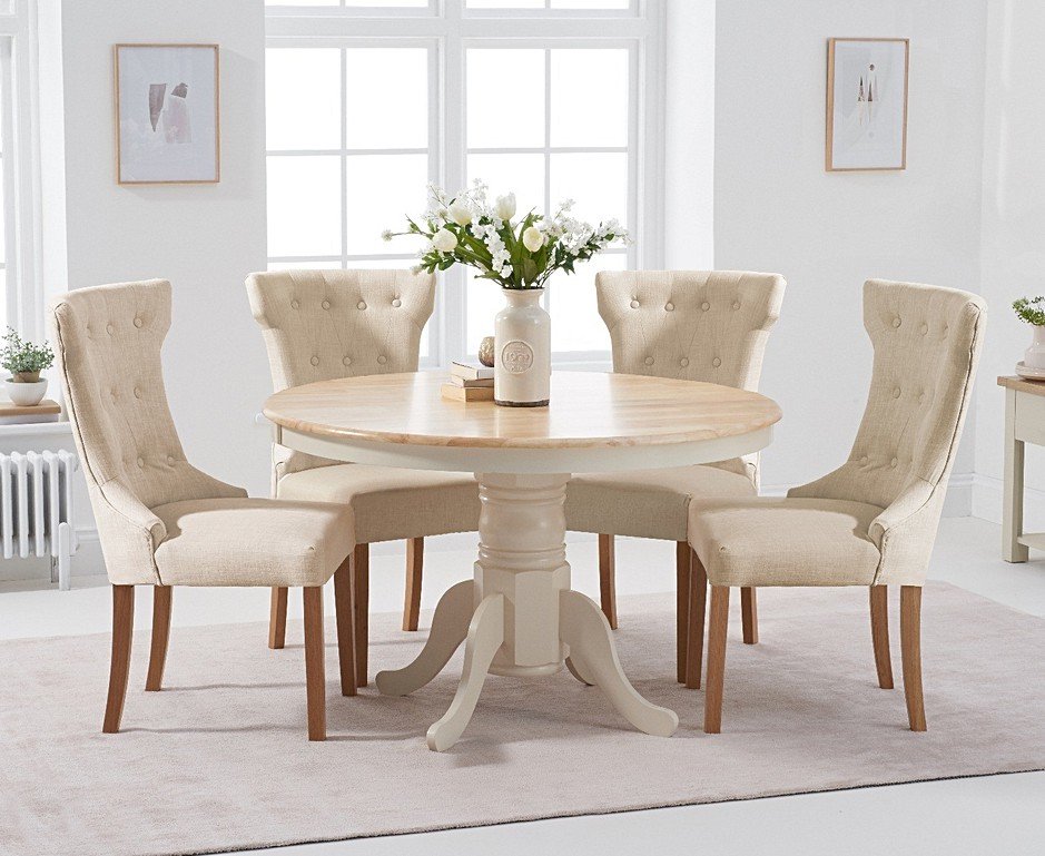 Elma Oak and Cream 120cm Round Dining Table with Courtney Fabric Chair –  The Dining Table Company